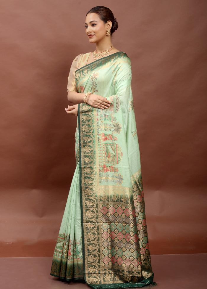 Green Dupion Silk Saree With Blouse Piece