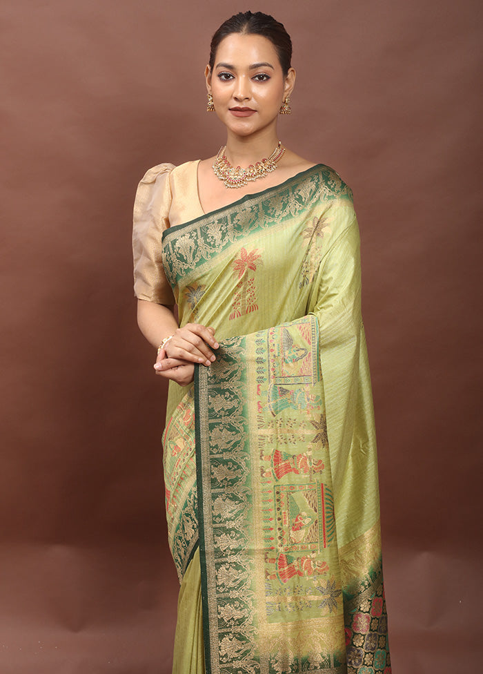 Green Dupion Silk Saree With Blouse Piece