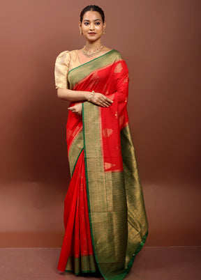 Red Dupion Silk Saree With Blouse Piece