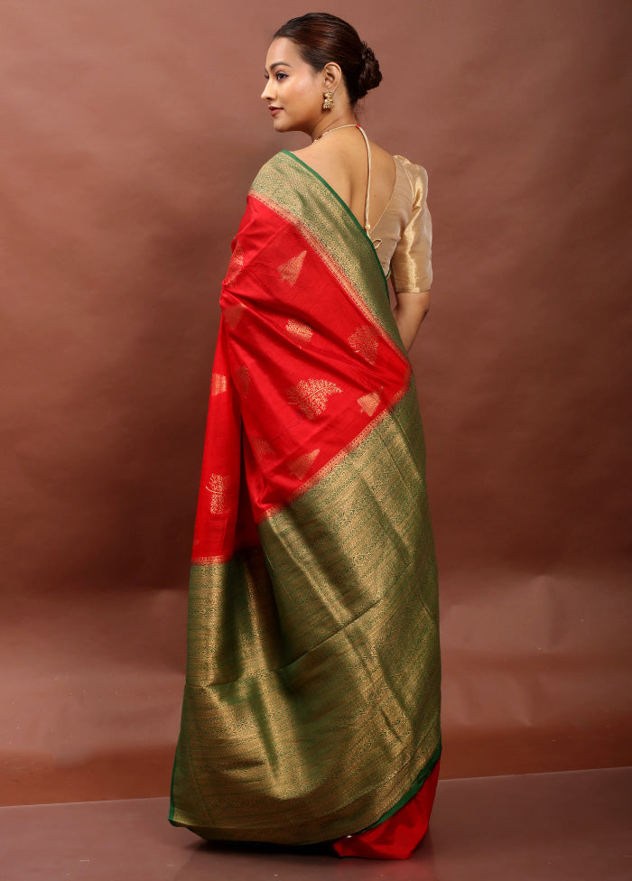 Red Dupion Silk Saree With Blouse Piece