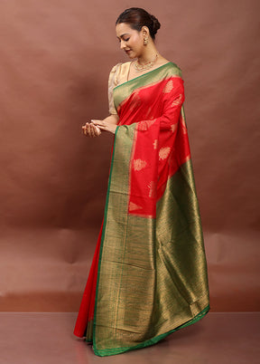 Red Dupion Silk Saree With Blouse Piece