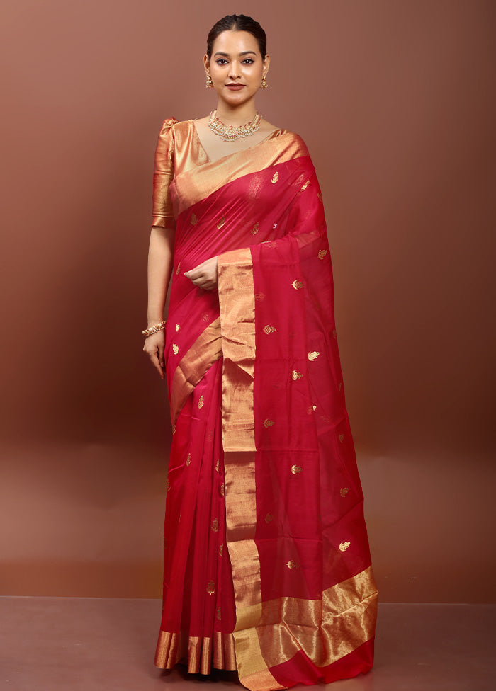 Red Handloom Chanderi Pure Cotton Saree With Blouse Piece