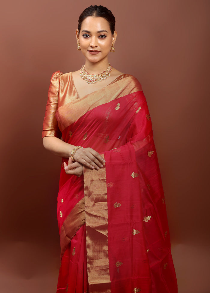 Red Handloom Chanderi Pure Cotton Saree With Blouse Piece