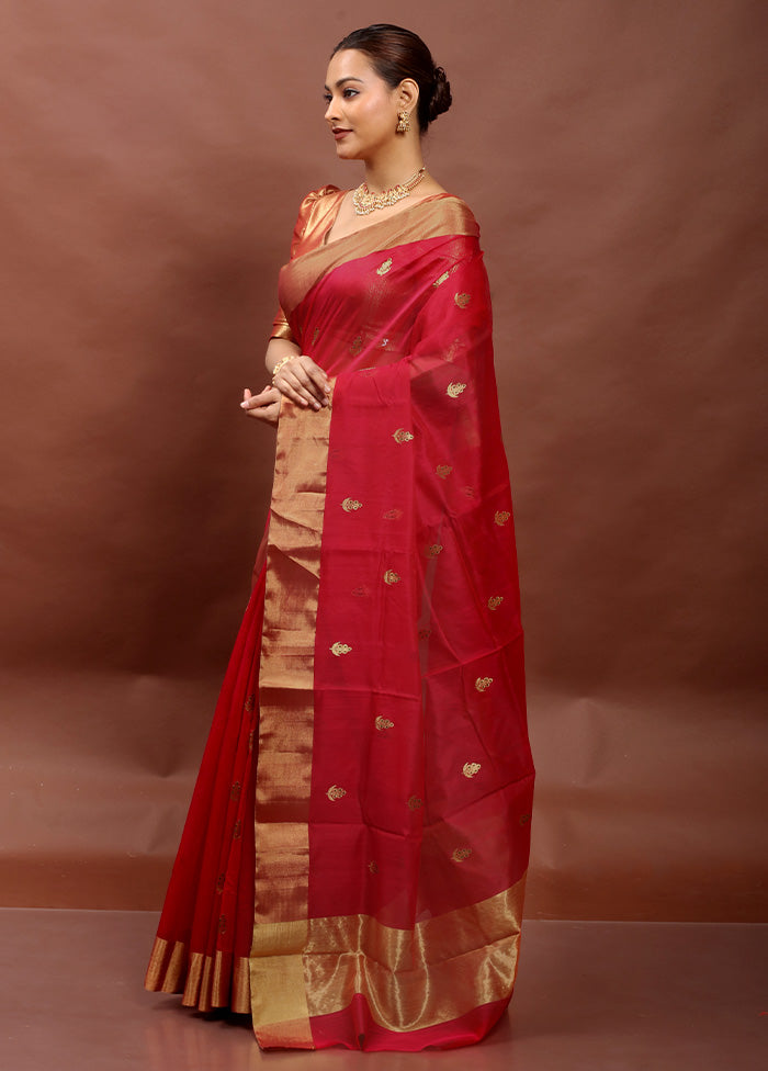 Red Handloom Chanderi Pure Cotton Saree With Blouse Piece