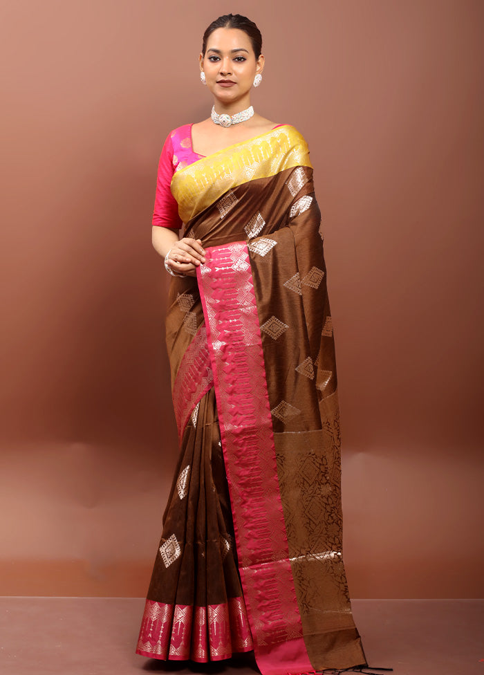 Brown Dupion Silk Saree With Blouse Piece