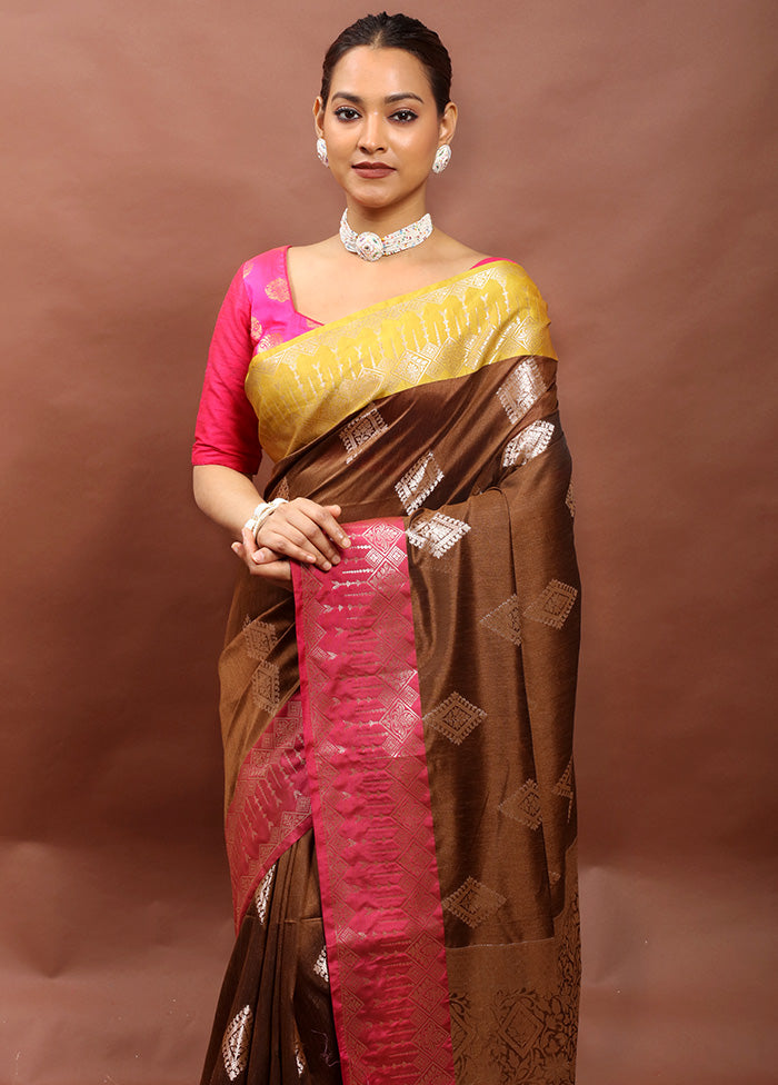 Brown Dupion Silk Saree With Blouse Piece