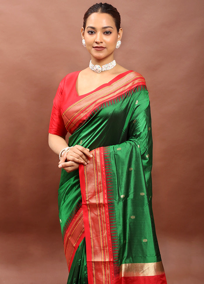 Green Handloom Kanjivaram Pure Silk Saree With Blouse Piece