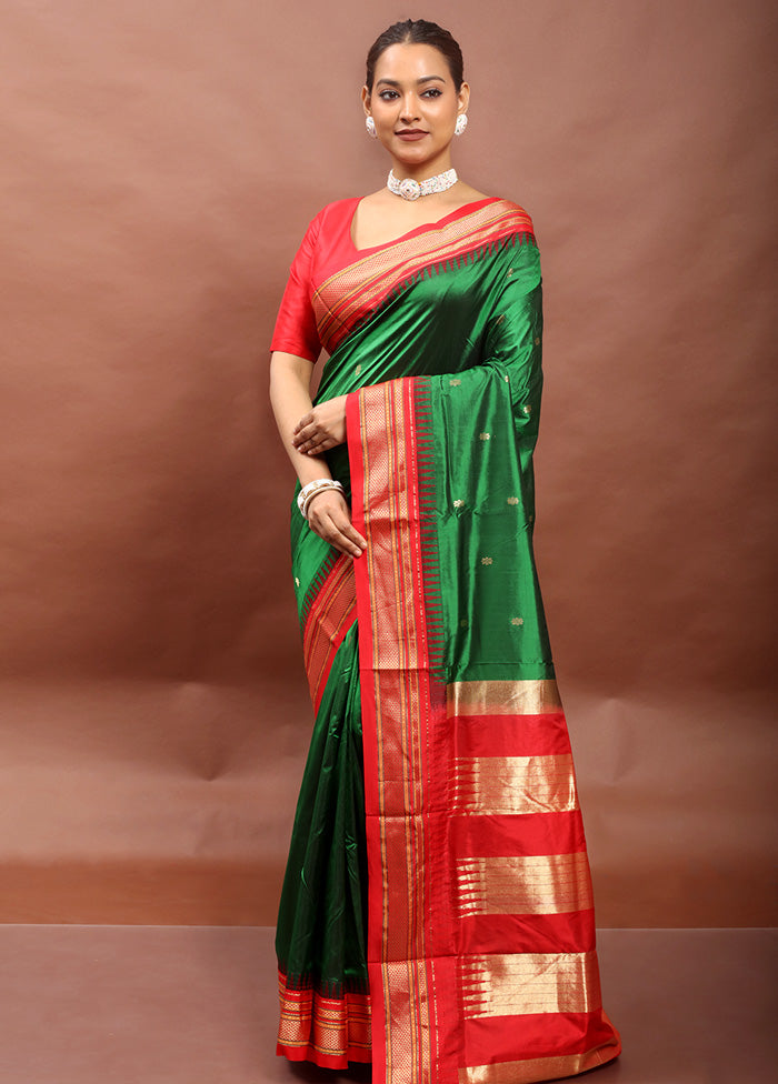 Green Handloom Kanjivaram Pure Silk Saree With Blouse Piece