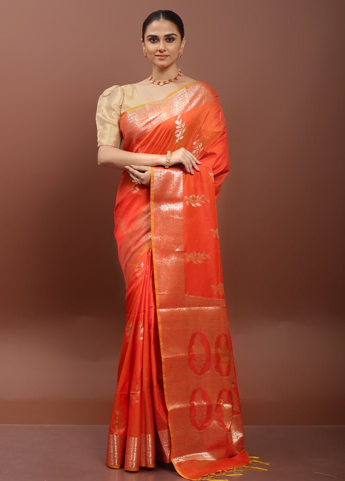 Orange Dupion Silk Saree With Blouse Piece