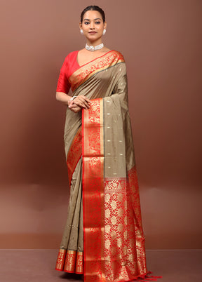 Grey Kanjivaram Silk Saree With Blouse Piece