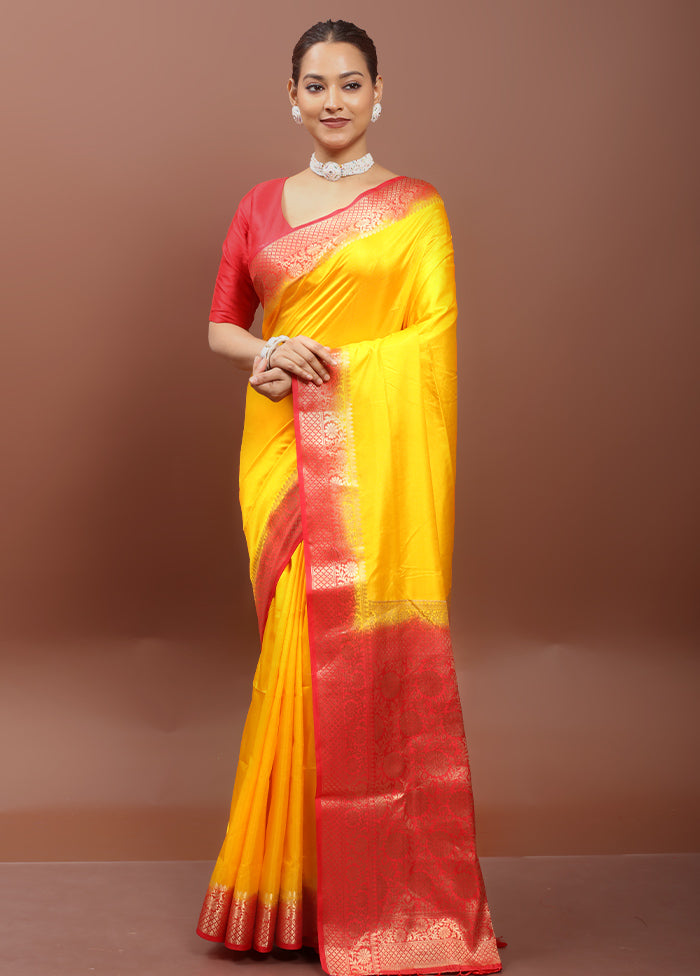 Yellow Dupion Silk Saree With Blouse Piece