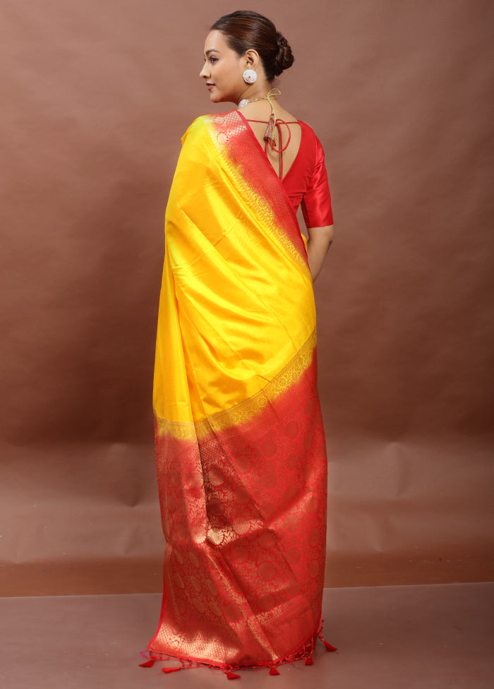 Yellow Dupion Silk Saree With Blouse Piece