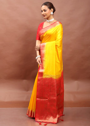 Yellow Dupion Silk Saree With Blouse Piece