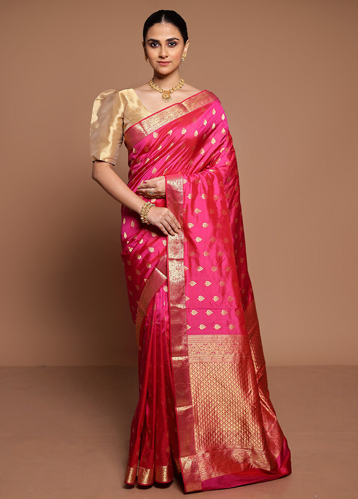 Pink Handloom Kanjivaram Pure Silk Saree With Blouse Piece