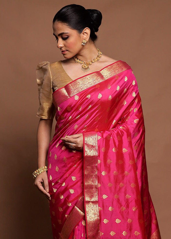 Pink Handloom Kanjivaram Pure Silk Saree With Blouse Piece