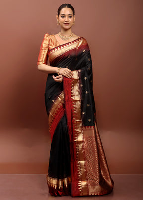 Black Handloom Kanjivaram Pure Silk Saree With Blouse Piece