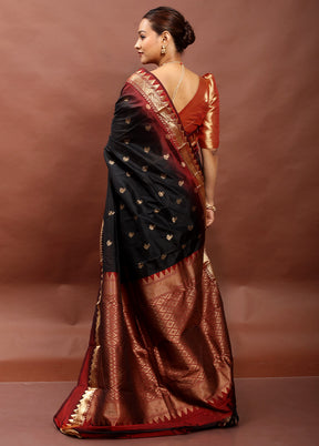 Black Handloom Kanjivaram Pure Silk Saree With Blouse Piece