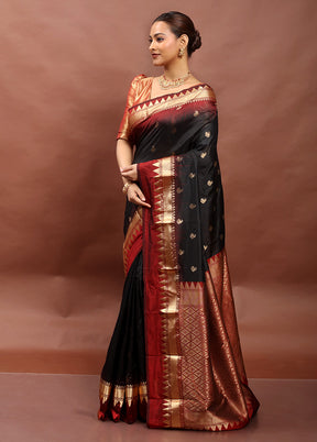 Black Handloom Kanjivaram Pure Silk Saree With Blouse Piece