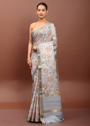 Grey Tussar Silk Saree With Blouse Piece