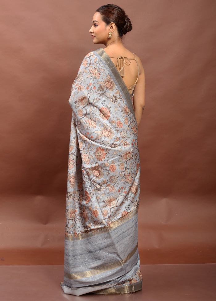 Grey Tussar Silk Saree With Blouse Piece