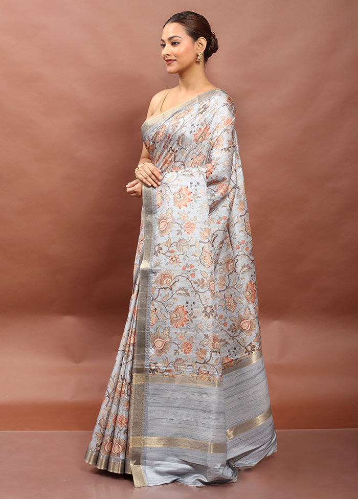 Grey Tussar Silk Saree With Blouse Piece