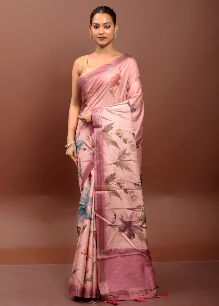 Peach Tussar Silk Saree With Blouse Piece