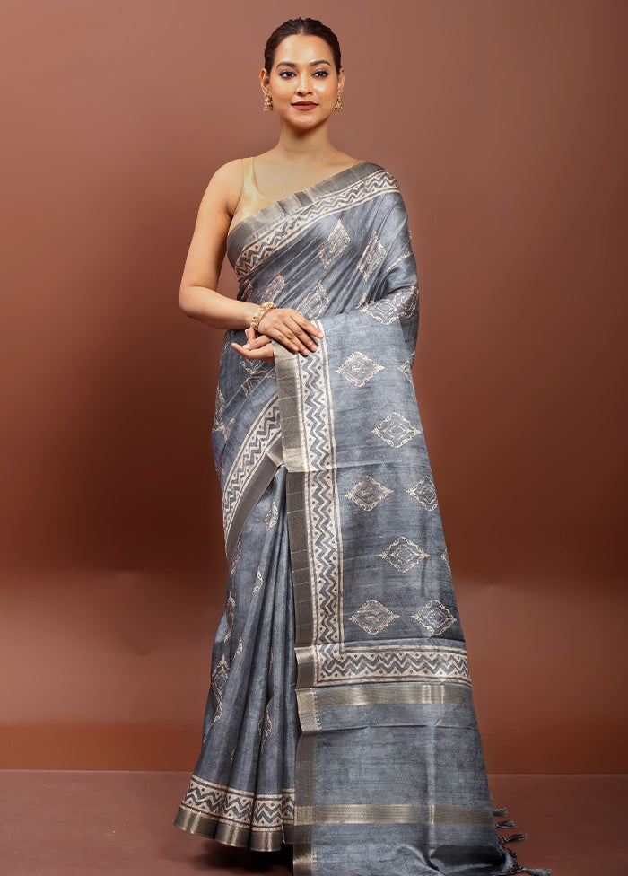 Blue Tussar Silk Saree With Blouse Piece