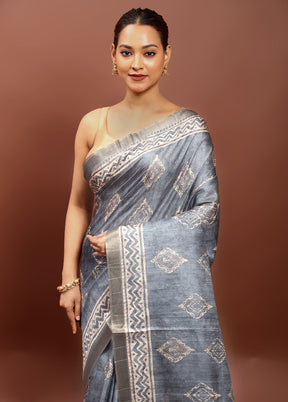 Blue Tussar Silk Saree With Blouse Piece