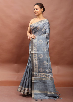 Blue Tussar Silk Saree With Blouse Piece