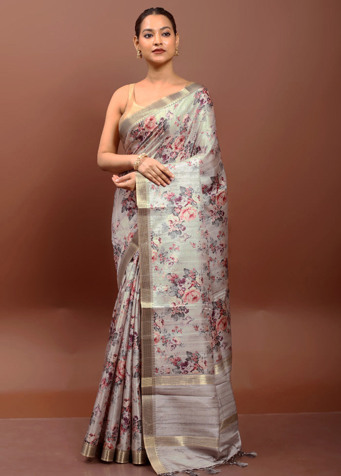 Cream Tussar Silk Saree With Blouse Piece