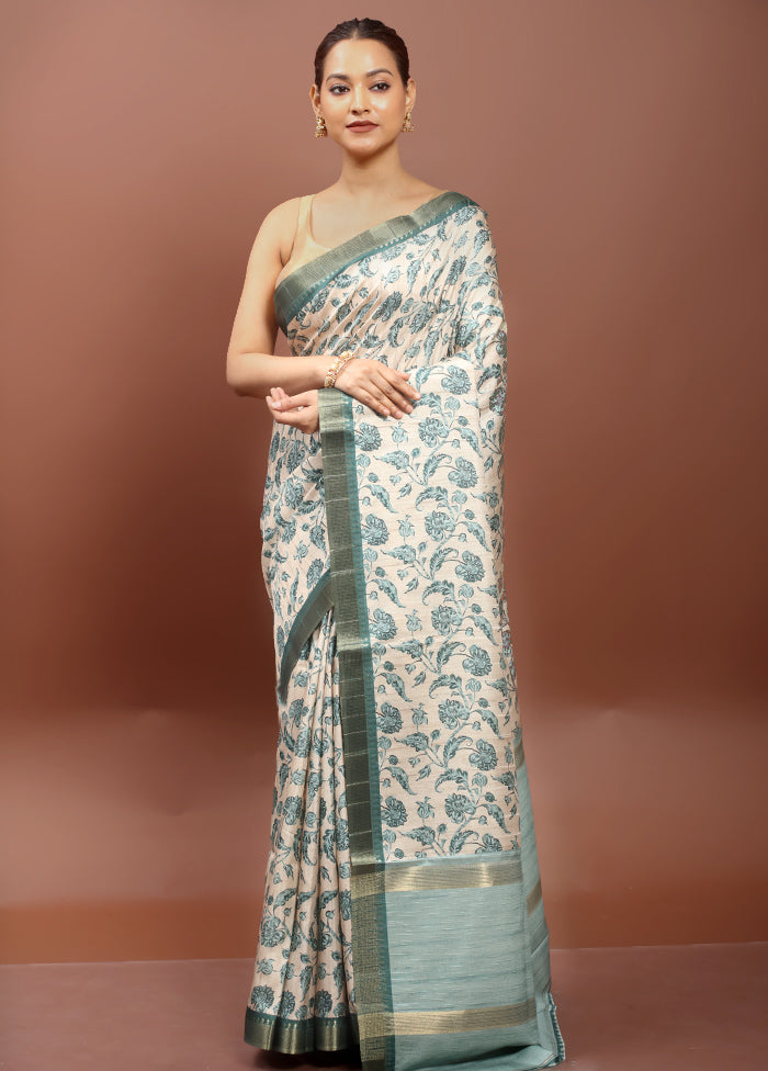 Cream Tussar Silk Saree With Blouse Piece