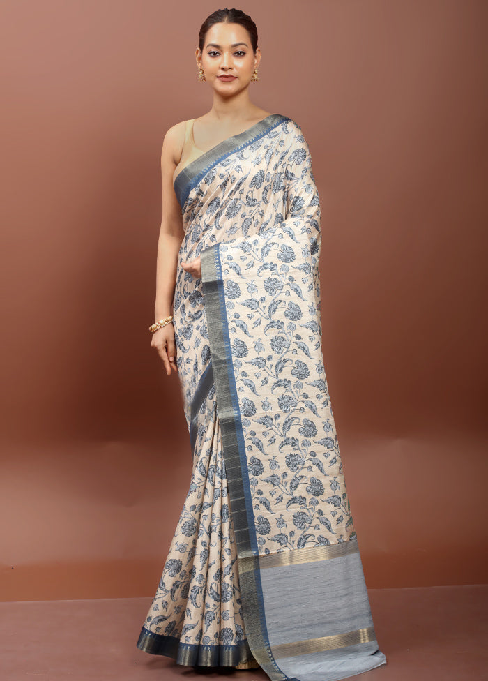 Cream Tussar Silk Saree With Blouse Piece