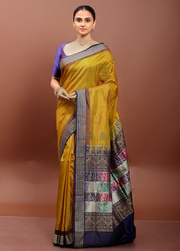 Yellow Handloom Bomkai Pure Silk Saree With Blouse Piece