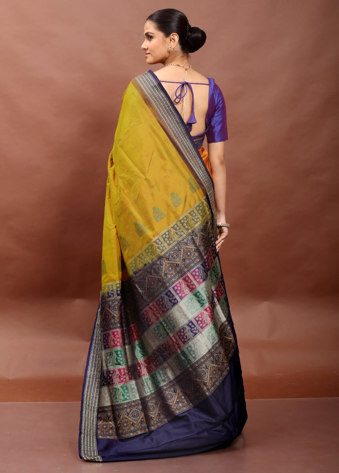 Yellow Handloom Bomkai Pure Silk Saree With Blouse Piece