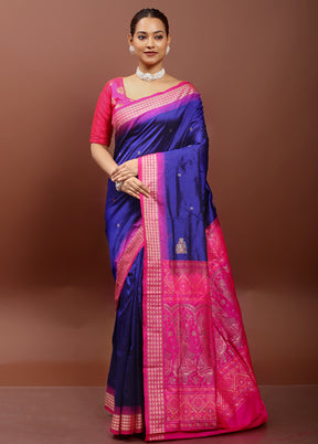 Blue Handloom Bomkai Pure Silk Saree With Blouse Piece