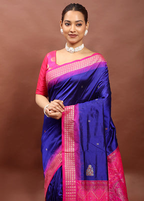 Blue Handloom Bomkai Pure Silk Saree With Blouse Piece