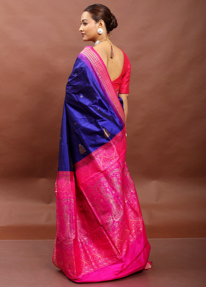 Blue Handloom Bomkai Pure Silk Saree With Blouse Piece