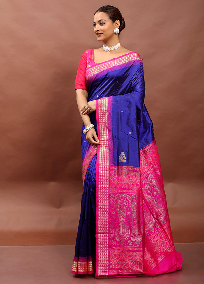 Blue Handloom Bomkai Pure Silk Saree With Blouse Piece