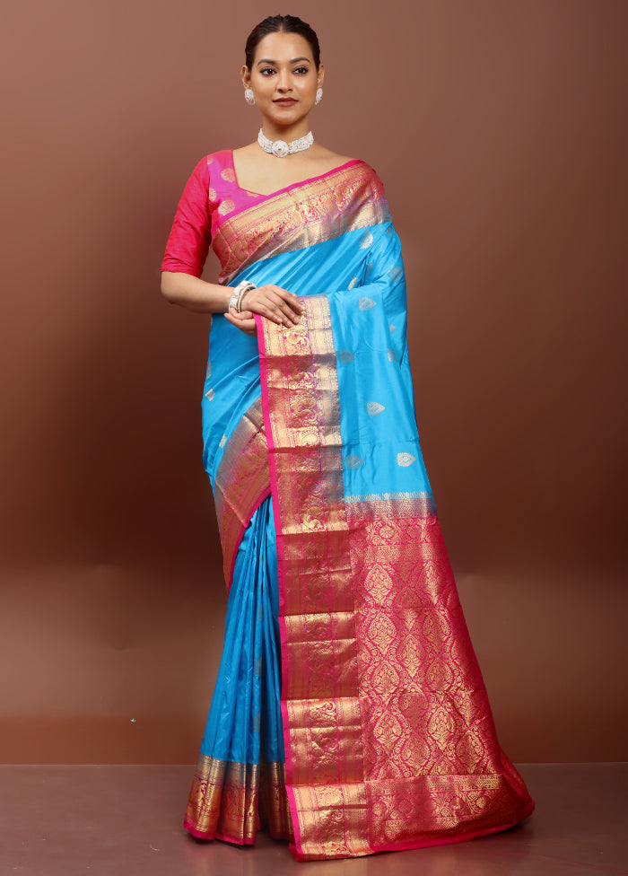 Blue Handloom Kanjivaram Pure Silk Saree With Blouse Piece