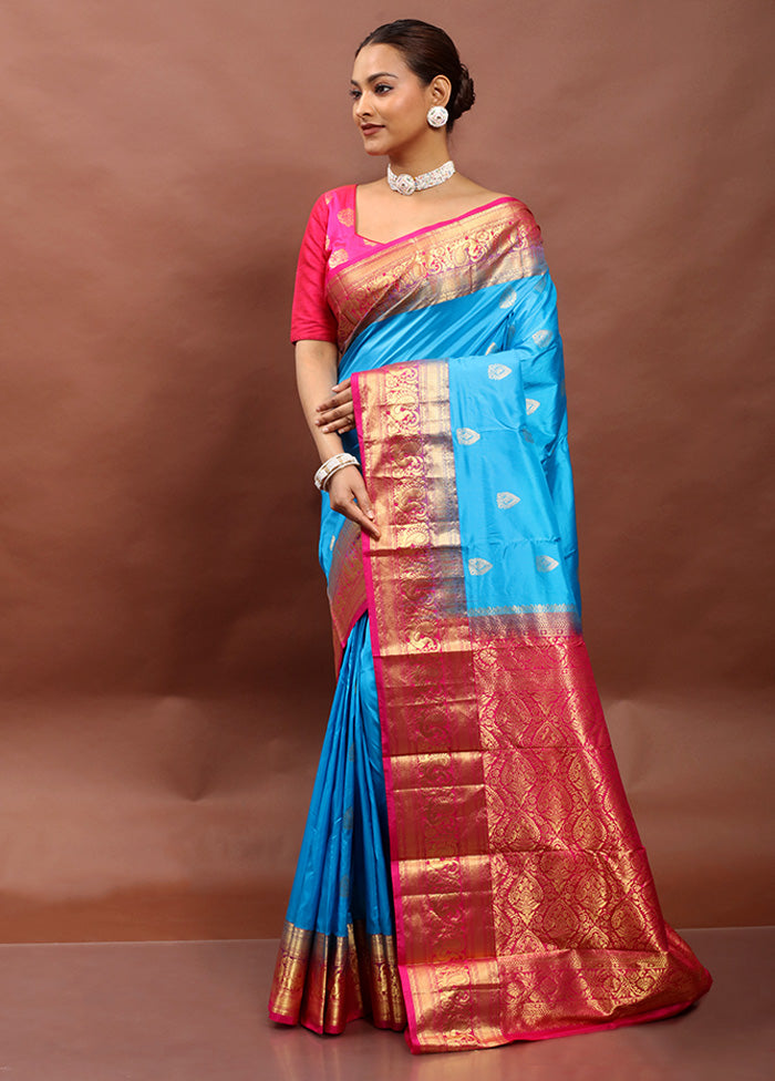 Blue Handloom Kanjivaram Pure Silk Saree With Blouse Piece