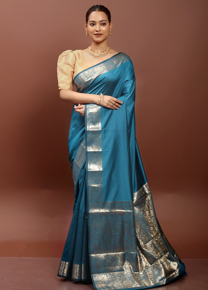 Blue Dupion Silk Saree With Blouse Piece