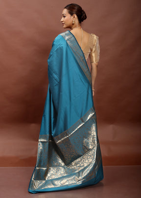 Blue Dupion Silk Saree With Blouse Piece