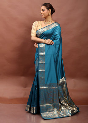 Blue Dupion Silk Saree With Blouse Piece