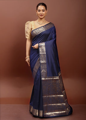 Blue Dupion Silk Saree With Blouse Piece