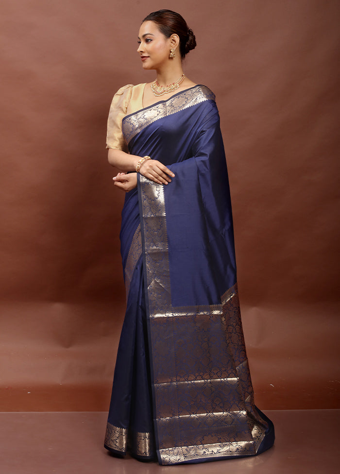 Blue Dupion Silk Saree With Blouse Piece