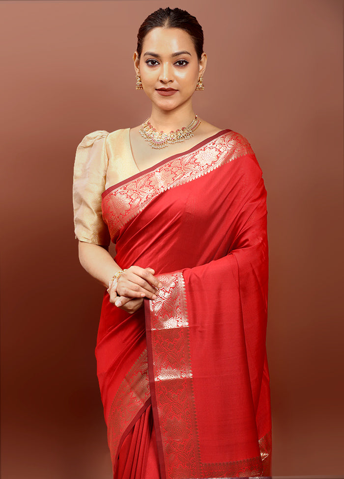 Red Dupion Silk Saree With Blouse Piece