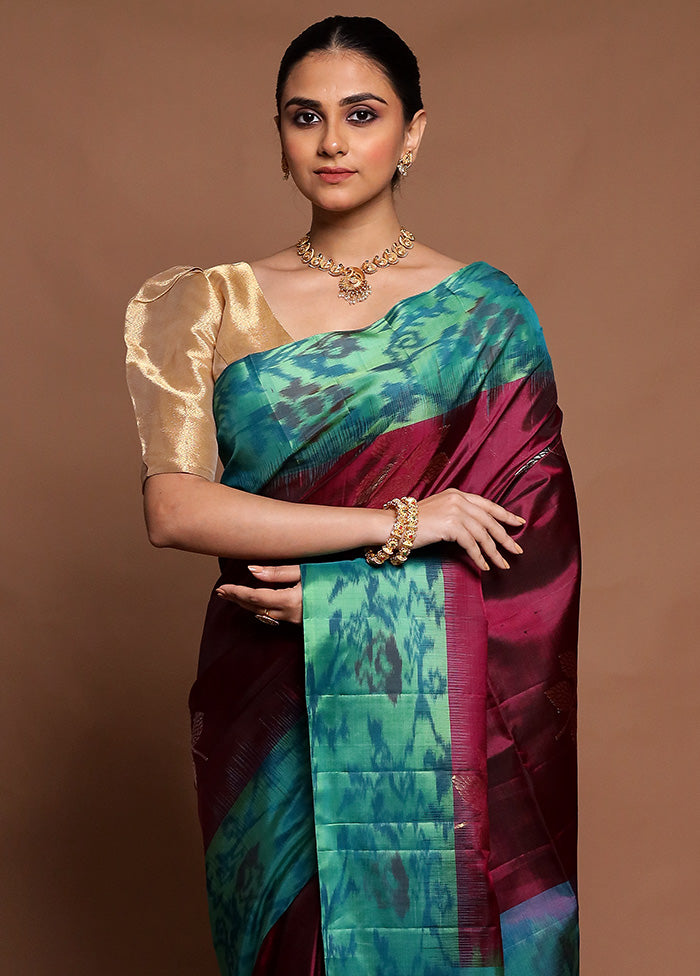 Wine Handloom Kanchipuram Pure Silk Saree With Blouse Piece