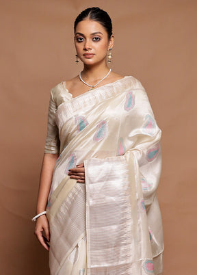 Cream Handloom Dupion Pure Silk Saree With Blouse Piece