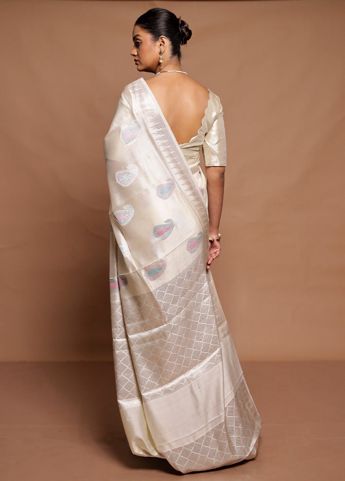 Cream Handloom Dupion Pure Silk Saree With Blouse Piece