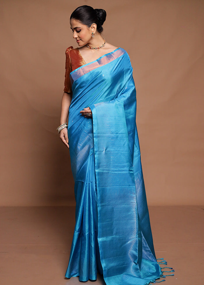 Blue Handloom Kanchipuram Pure Silk Saree With Blouse Piece